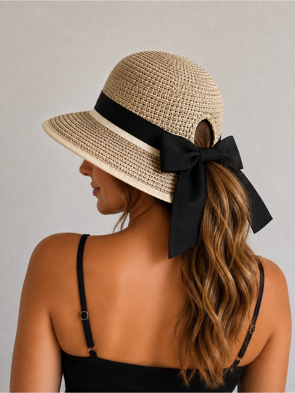 Siggi Straw Sun Hat Floppy Black Ribbon Bow Split Back Ponytail Travel Outdoor